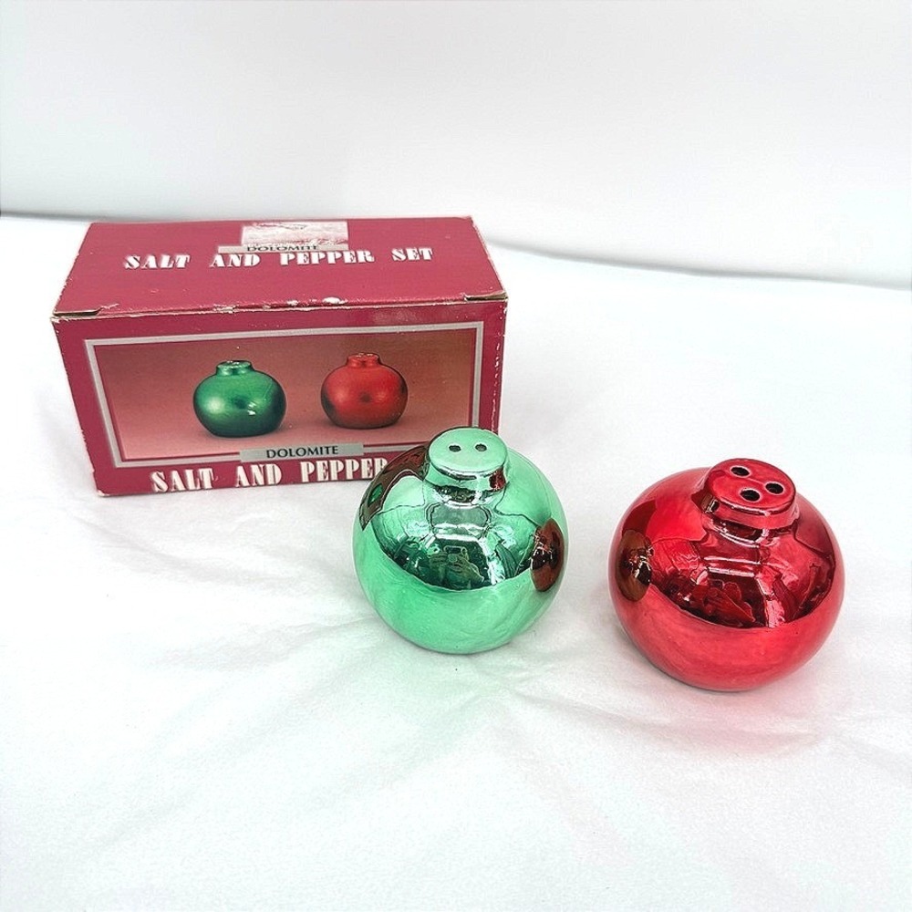 Dolomite Salt and Pepper Set Christmas Bauble Metallic Red Green Holiday OS